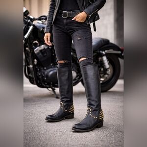 New Ash Italia Vamos Bis Boots Metal Studs Distressed Look Leather Moto Biker